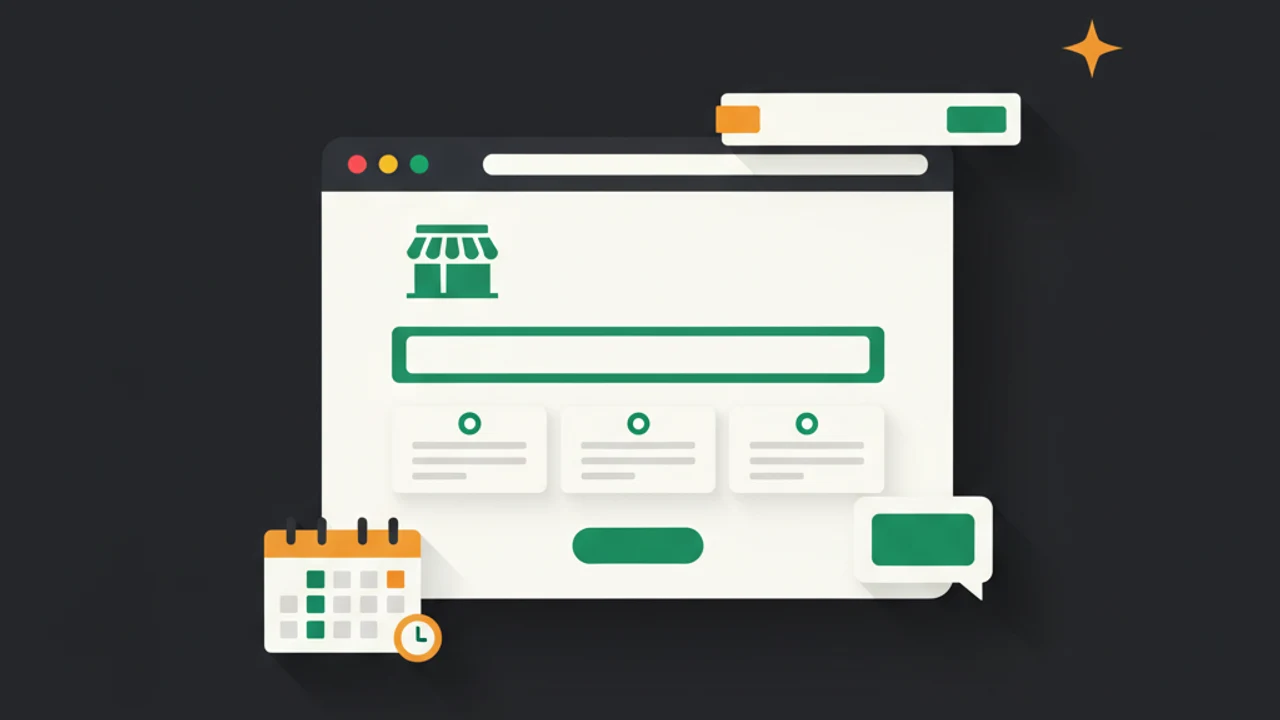 An AI-generated business landing page in a browser with a storefront logo, booking calendar, and chat bubble.