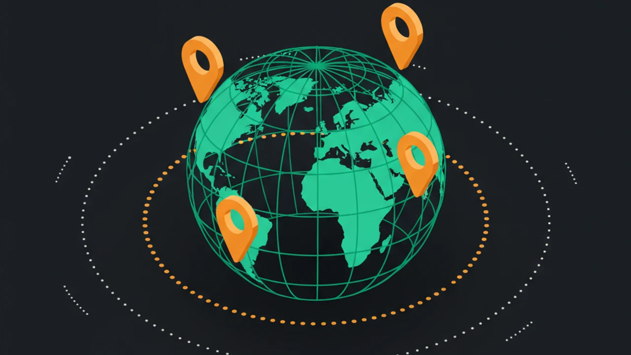 A wireframe globe ringed with location pins and orbit paths, representing geo, URL, schedule, and device targeting.